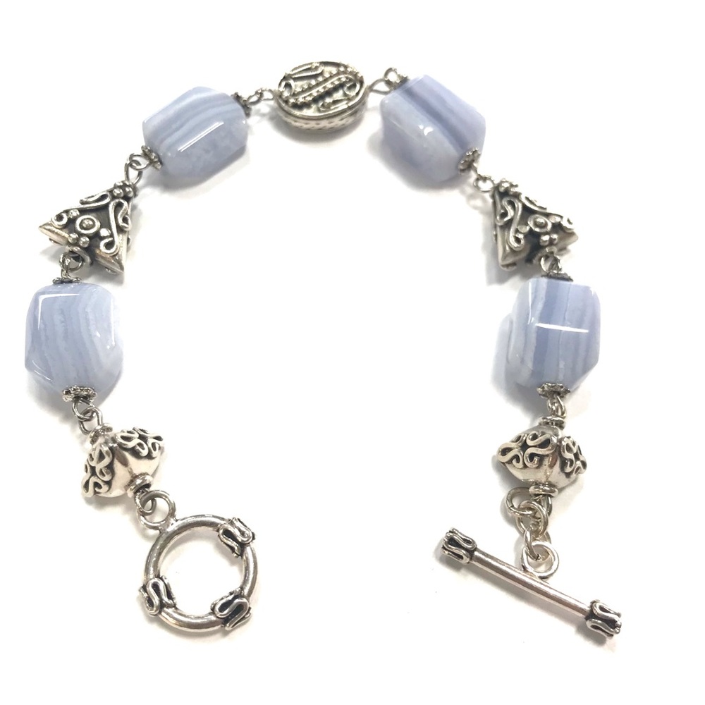 Artisan Made Pale Blue Lace Agate Silver Bali Beads Bracelet Toggle Clasp 8.25”